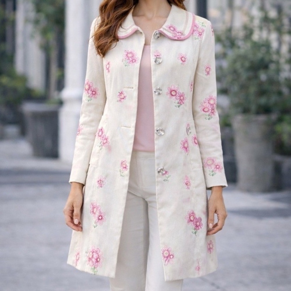 Cynthia Steffe White Pink Floral Embroidered‎ Jacket Coat Boho Spring Size S